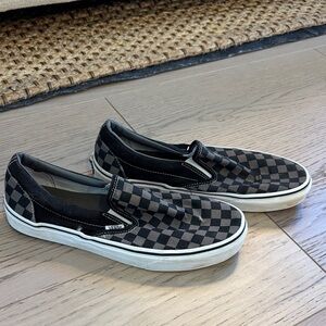 Vans Men's Black and Gray Checkered Slip-On Sneakers